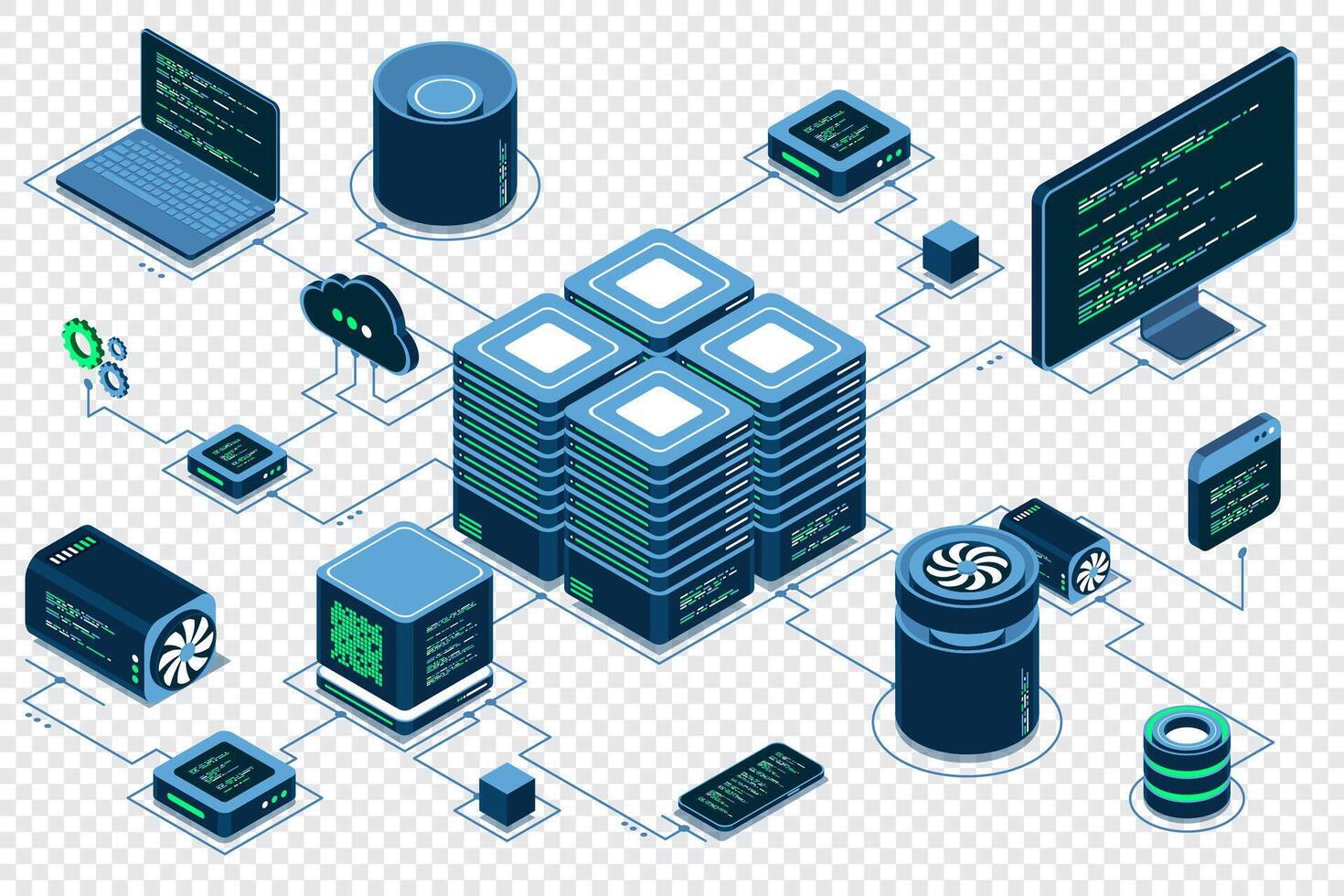 Computer technology isometric illustration. Computation of big data center. Cloud computing. Online devices upload and download information. Isometric vector