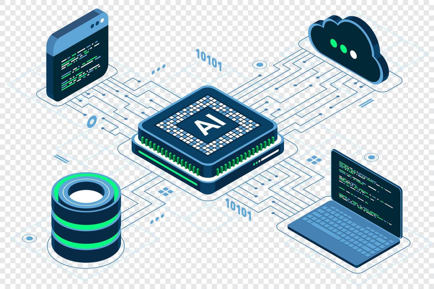 Isometric artificial intelligence chip concept. Artificial Intelligence server. Futuristic microchip processor. Isometric cloud computing. Isometric technology vector