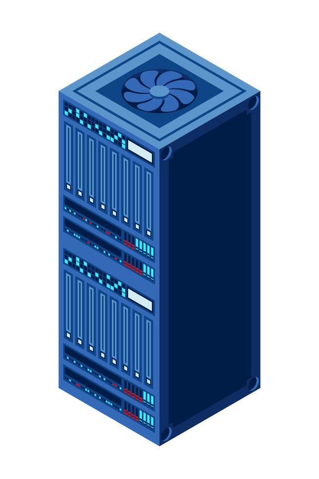 Isometric server. Network server room. 3D computer equipment. Storage database, Isometric technology. vector