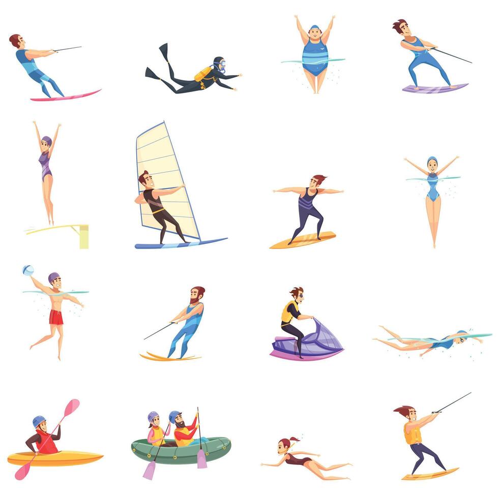 A Summer sport set of isolated doodle style human characters of sportspeople with implements on blank background illustration vector