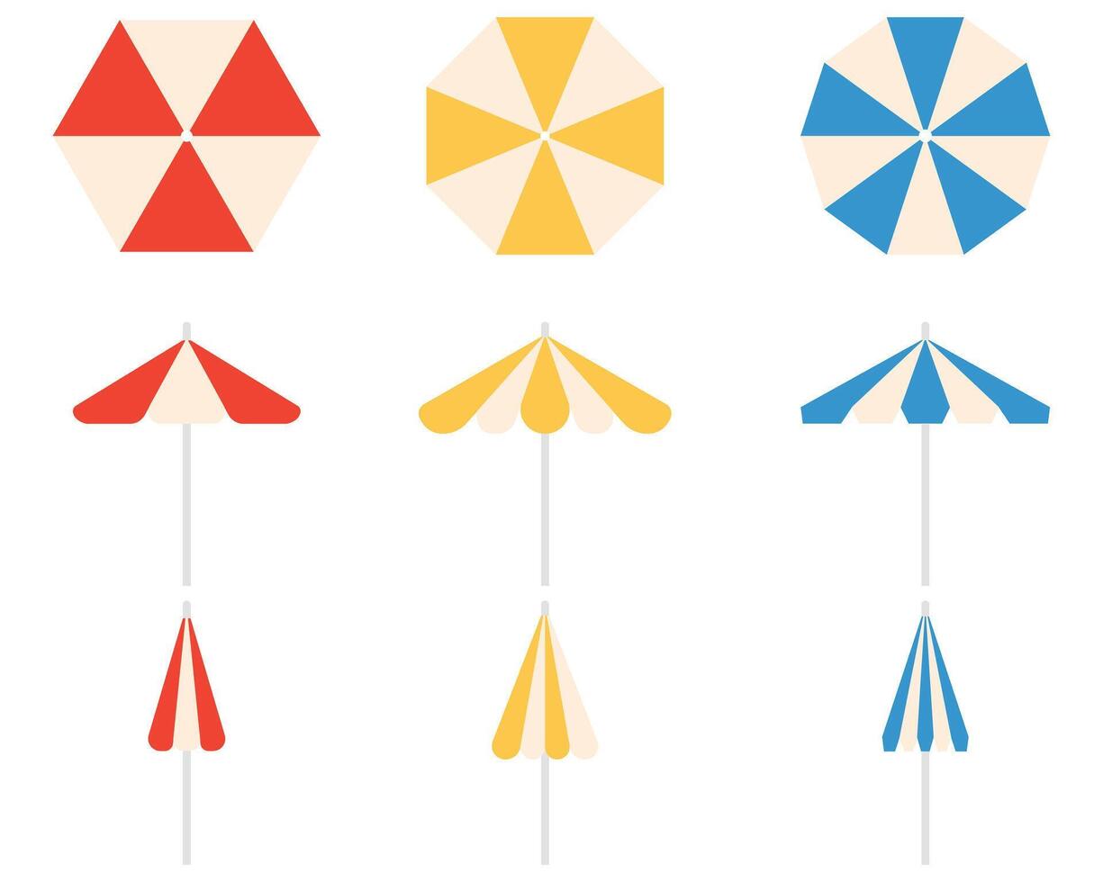 Umbrella beach set, side and aerial view, flat design pixel perfect icon vector
