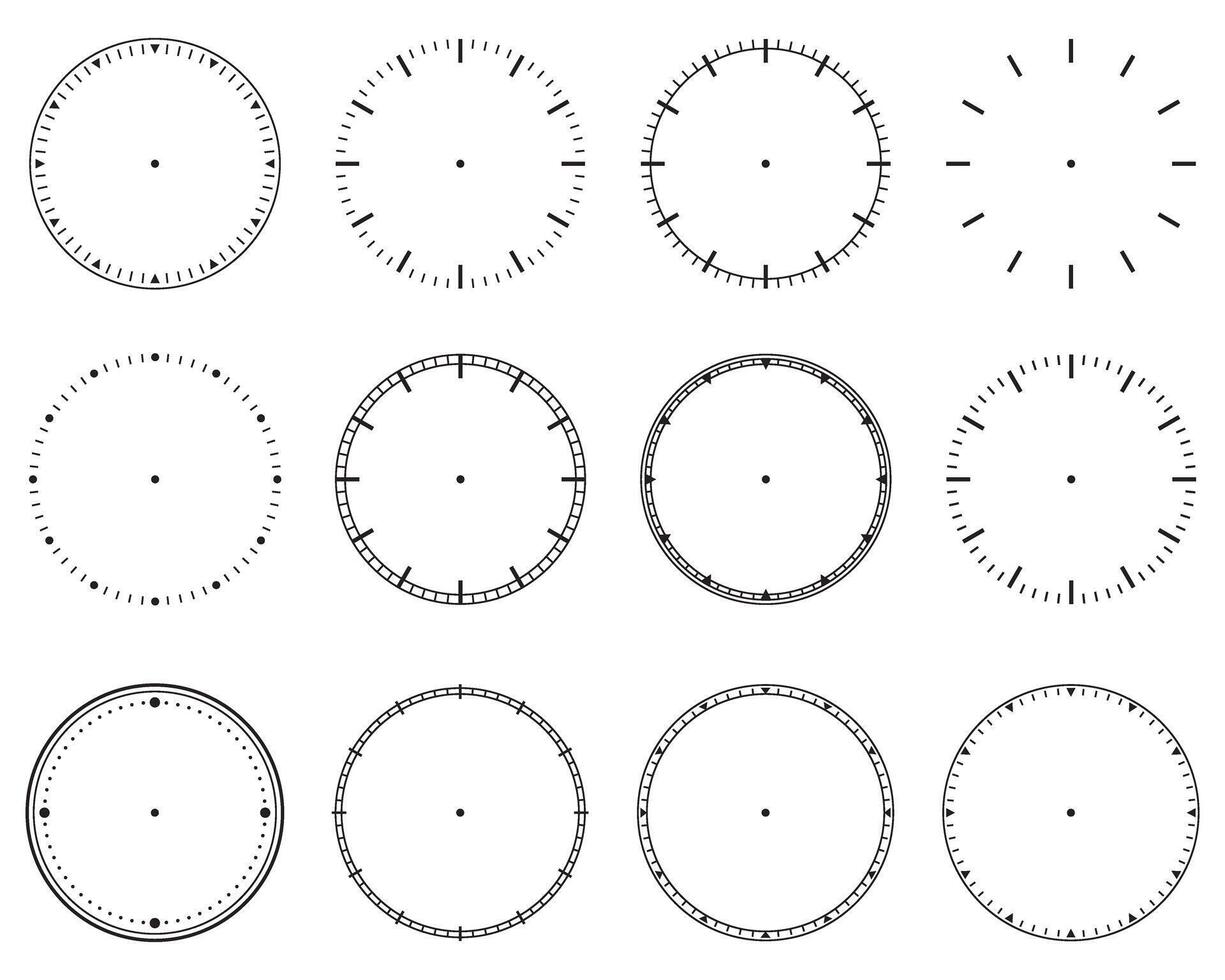 Clock Faces. Clock Dial. Empty Mechanical Watch Face Without Arrows and Numbers. Set vector