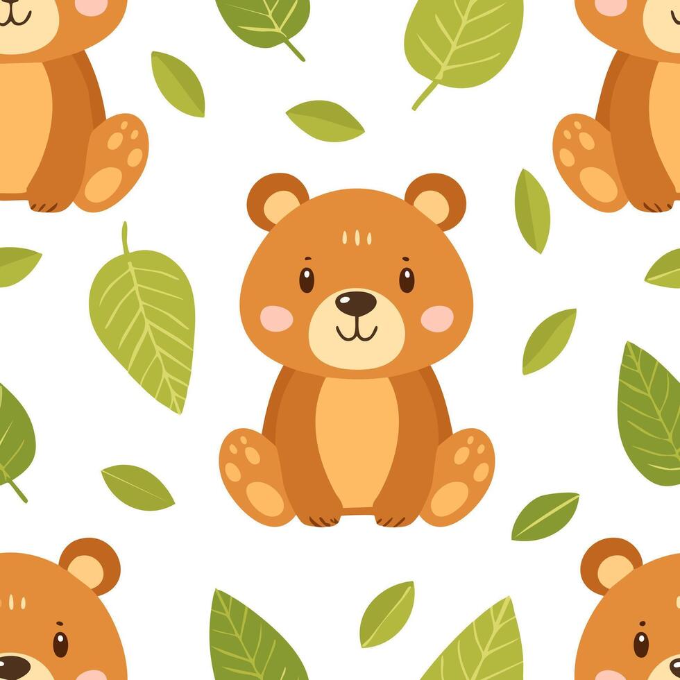 Seamless pattern with cute bear and leaves vector