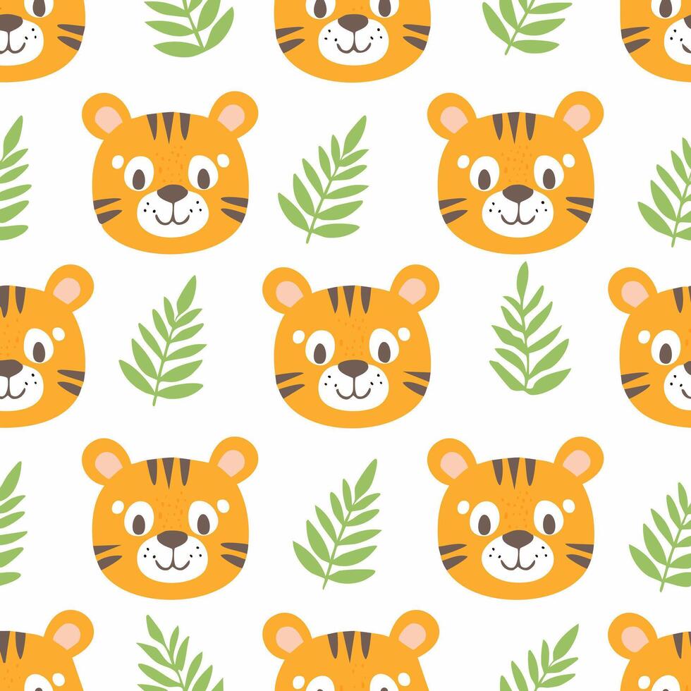 A seamless pattern with tiger faces and leaves vector