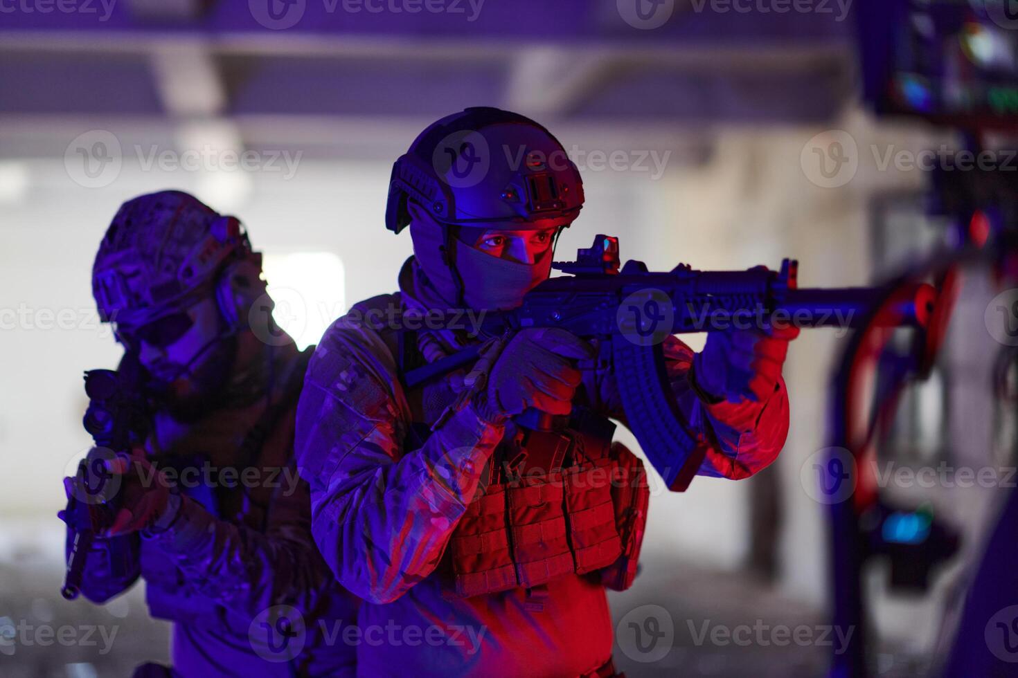 A professional cameraman captures the intense moments as a group of skilled soldiers embarks on a dangerous mission inside an abandoned building, their actions filled with suspense and bravery photo