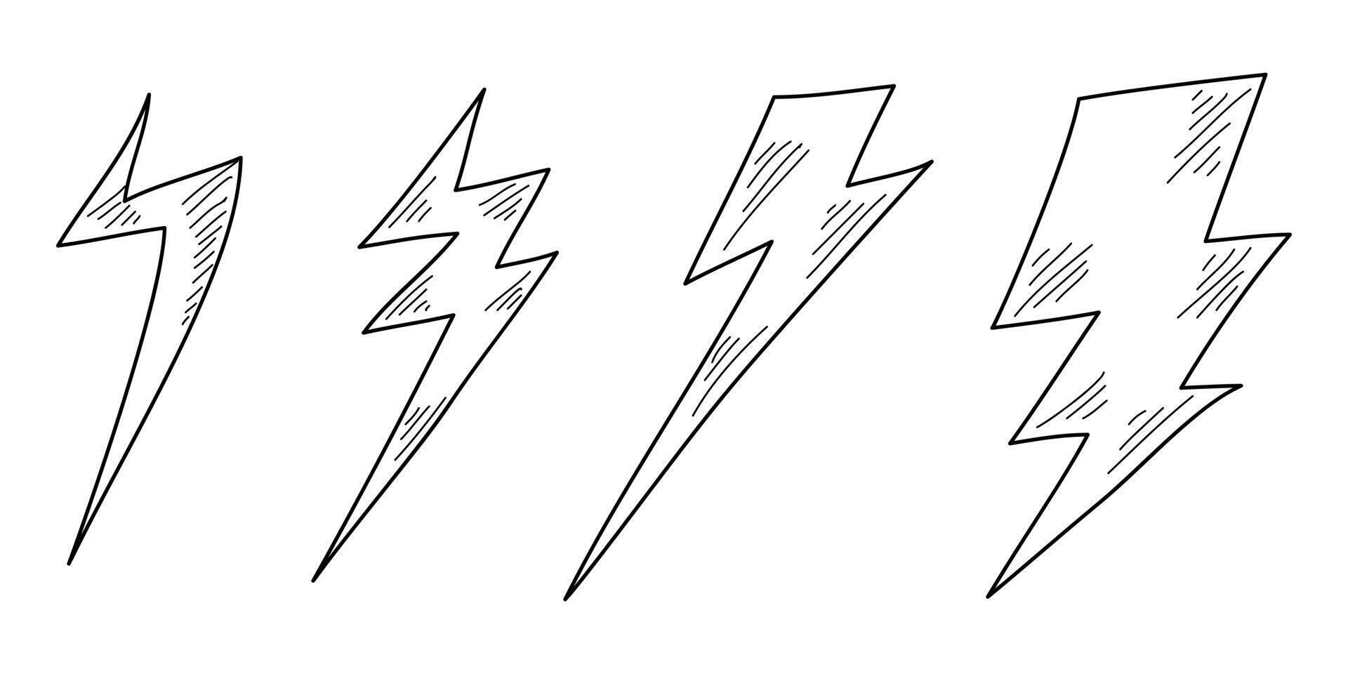 Hand drawn electric lightning. Doodle thunderbolt and thunderstorm. isolated on white background vector