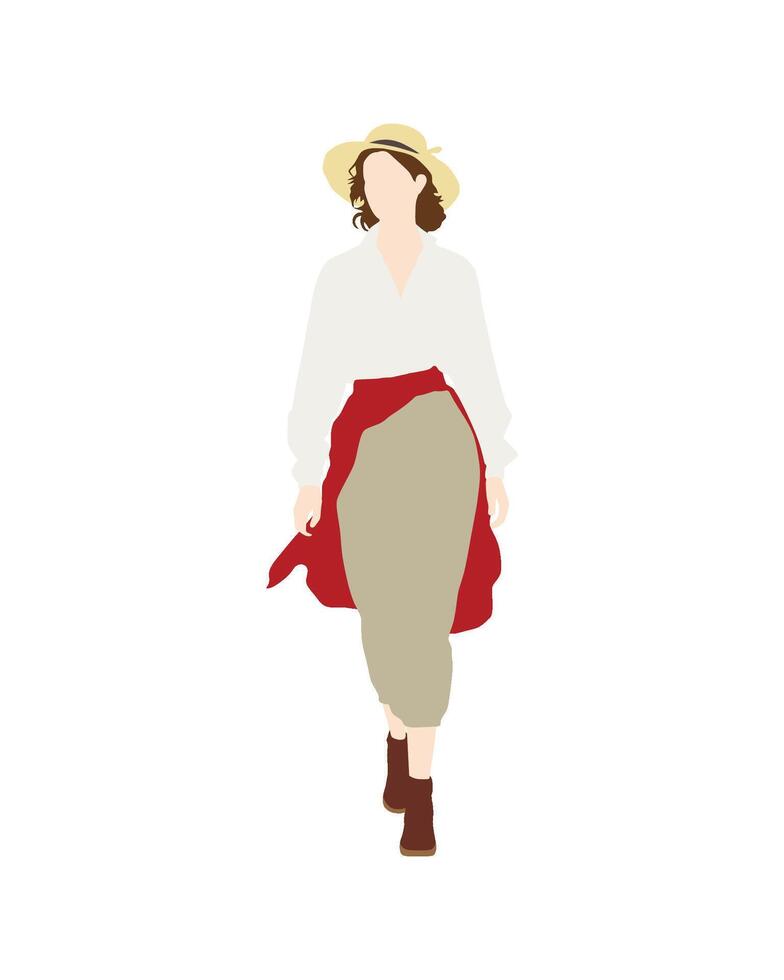 Flat art people and illustration, walking woman in elegant casual vintage outfit with a hat vector