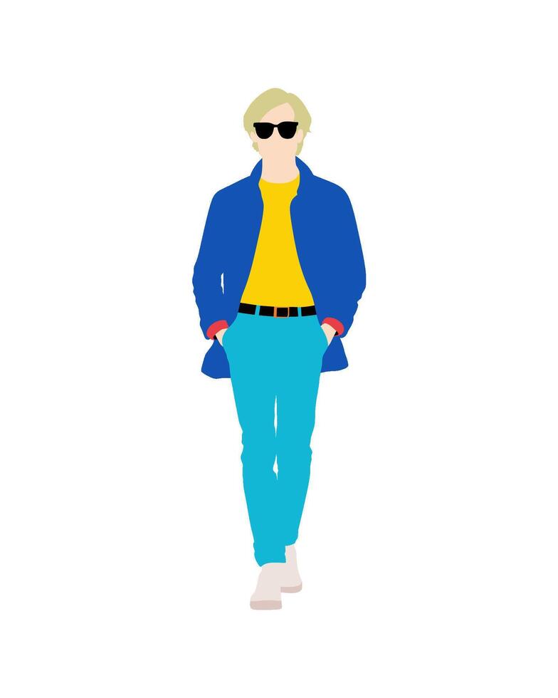 Flat art people and illustration, stylish sunglasses man in blue jacket and yellow shirt vector
