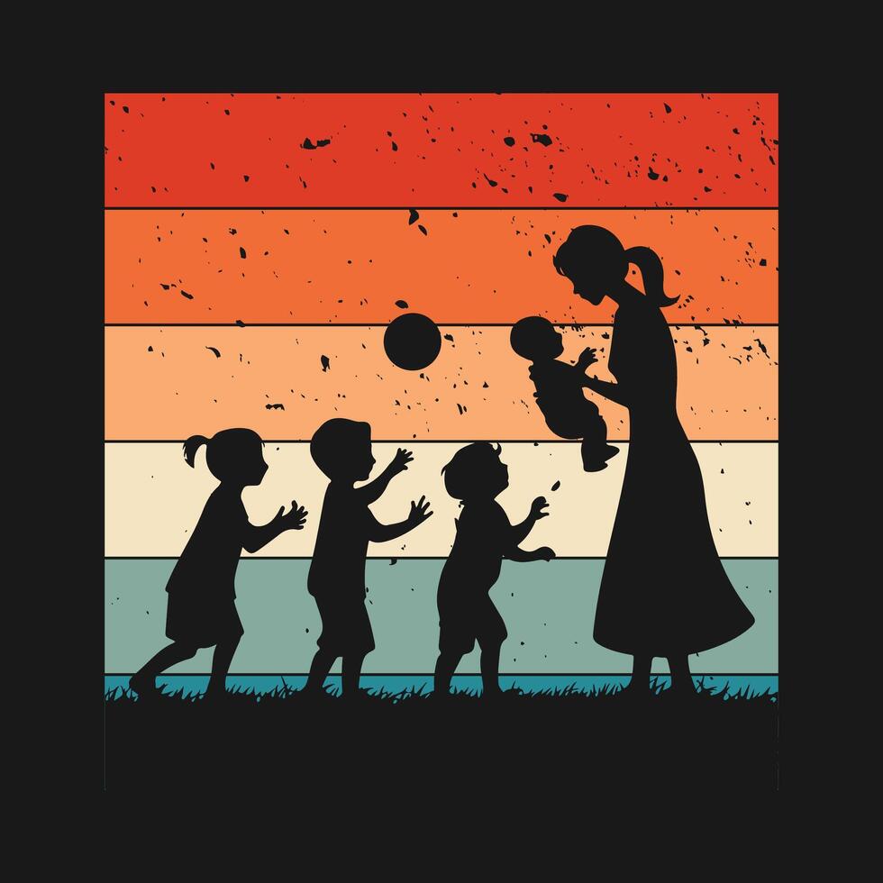 Retro vintage mothers day t shirt design, Silhouette of a mother playing with her children vector