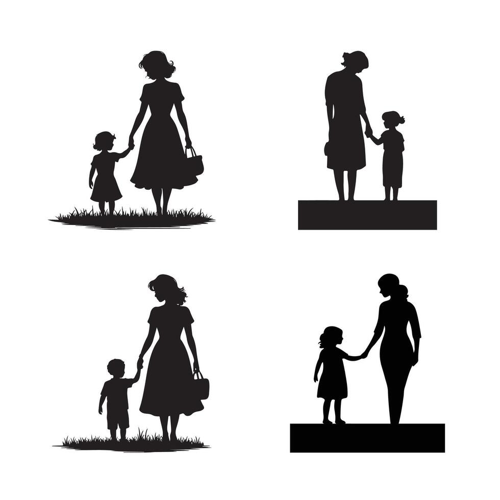 collection of Mother and daughter silhouette with lettering Best mom ever. illustration vector
