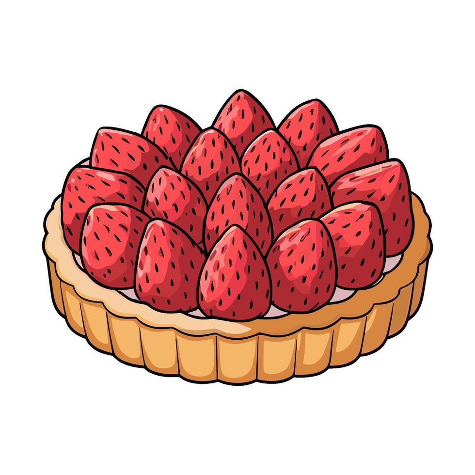 Delicious strawberry tart with fresh strawberries on golden crust presented in flat style illustration vector