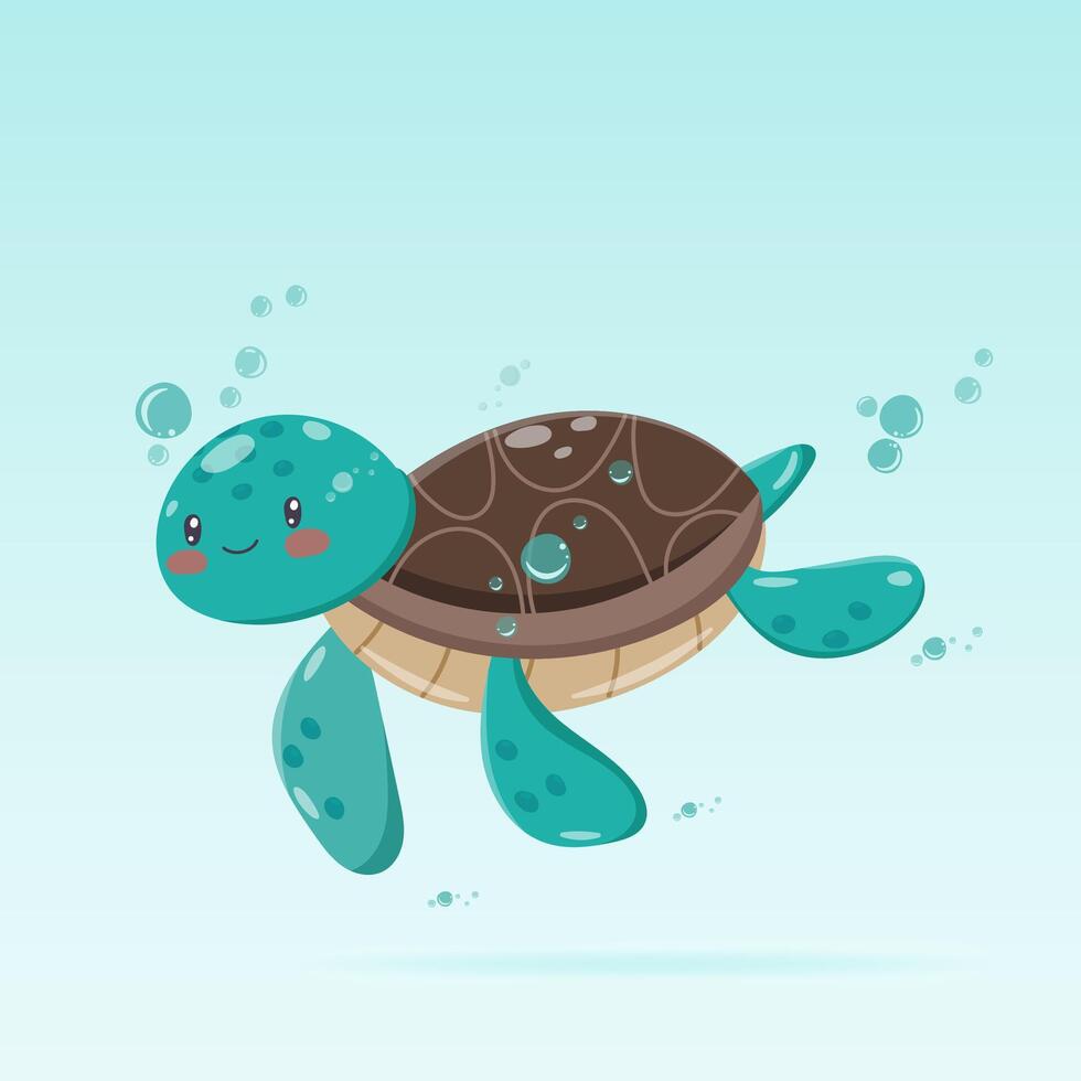 Cartoon turtle swimming underwater with bubbles vector