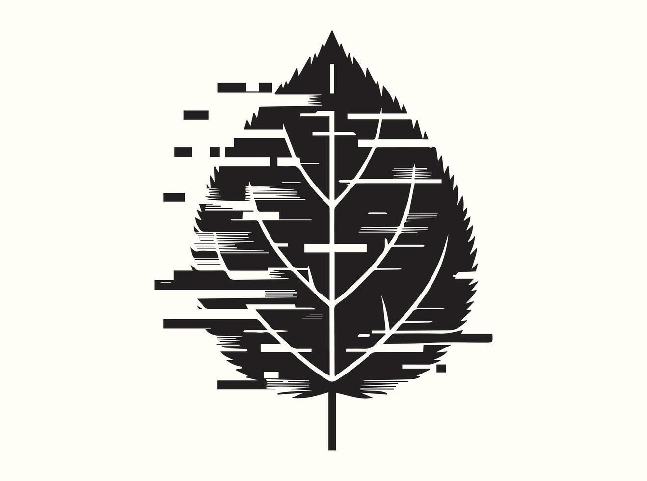 Minimalist Abstract Glitched Black Leaf Silhouette vector
