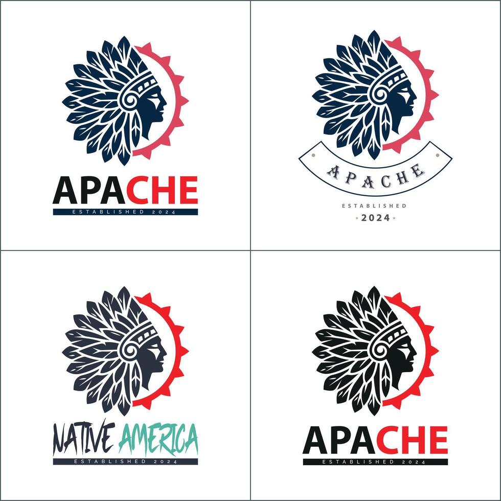 apache indian native american aztec warrior tribes face head logo set silhouette template design vector