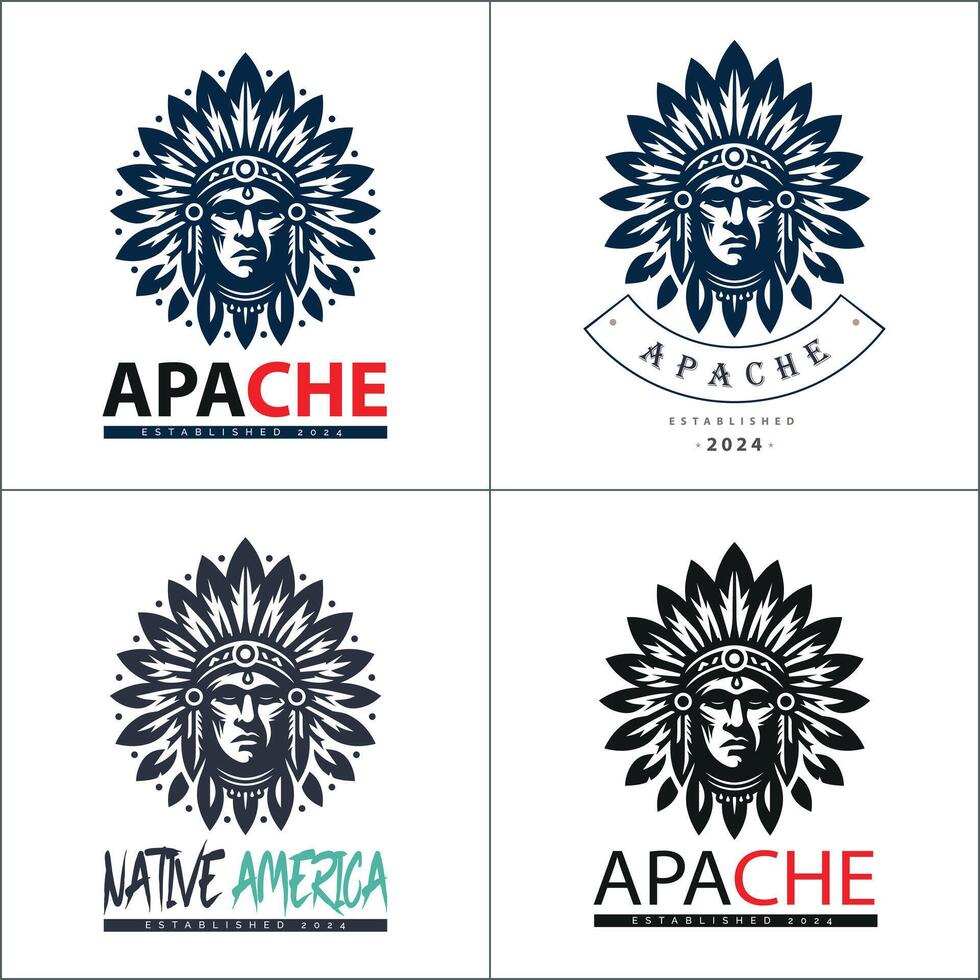 Native american apache tribes face head logo set silhouette template design vector