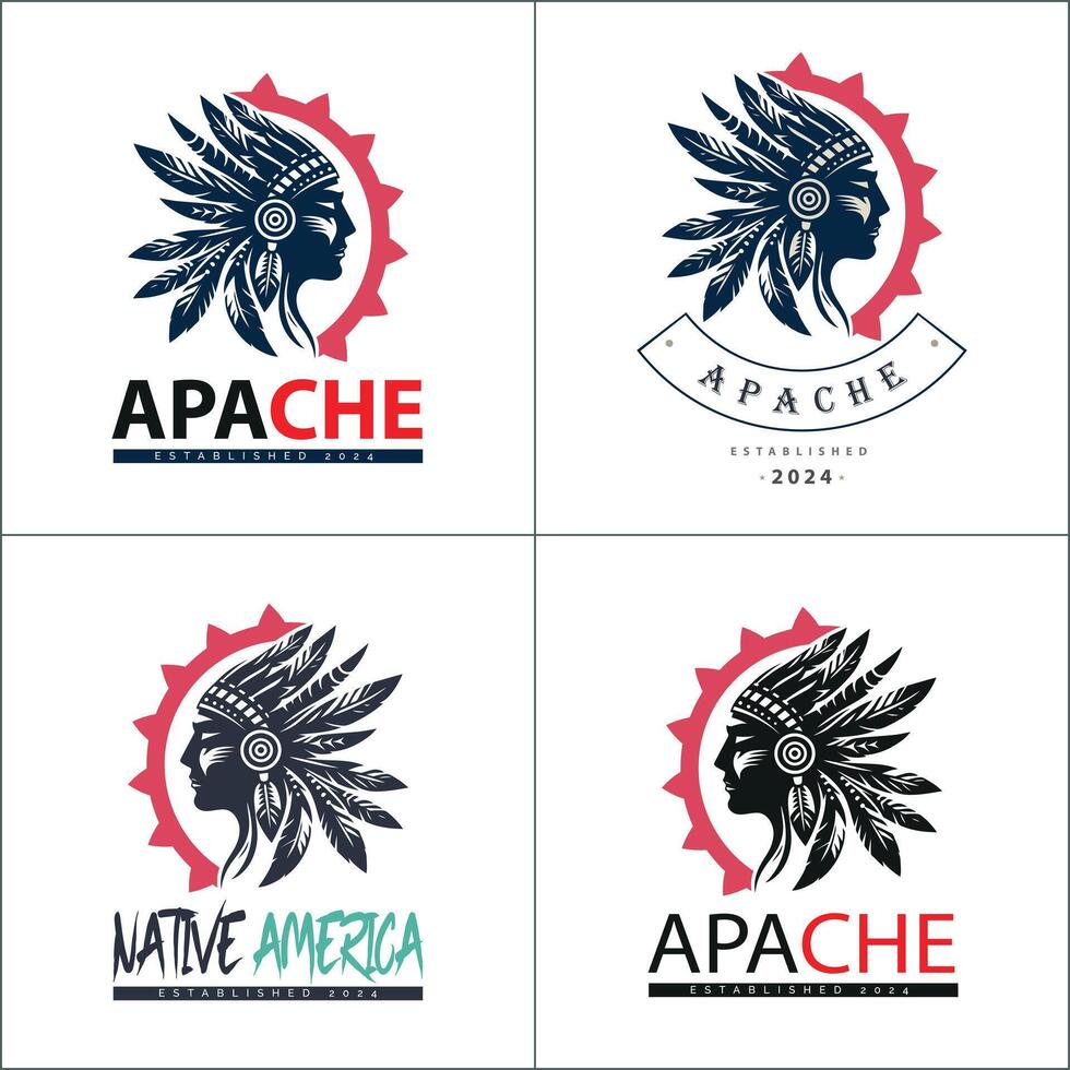 American native apache indian aztec warrior tribes face head logo set silhouette template design vector