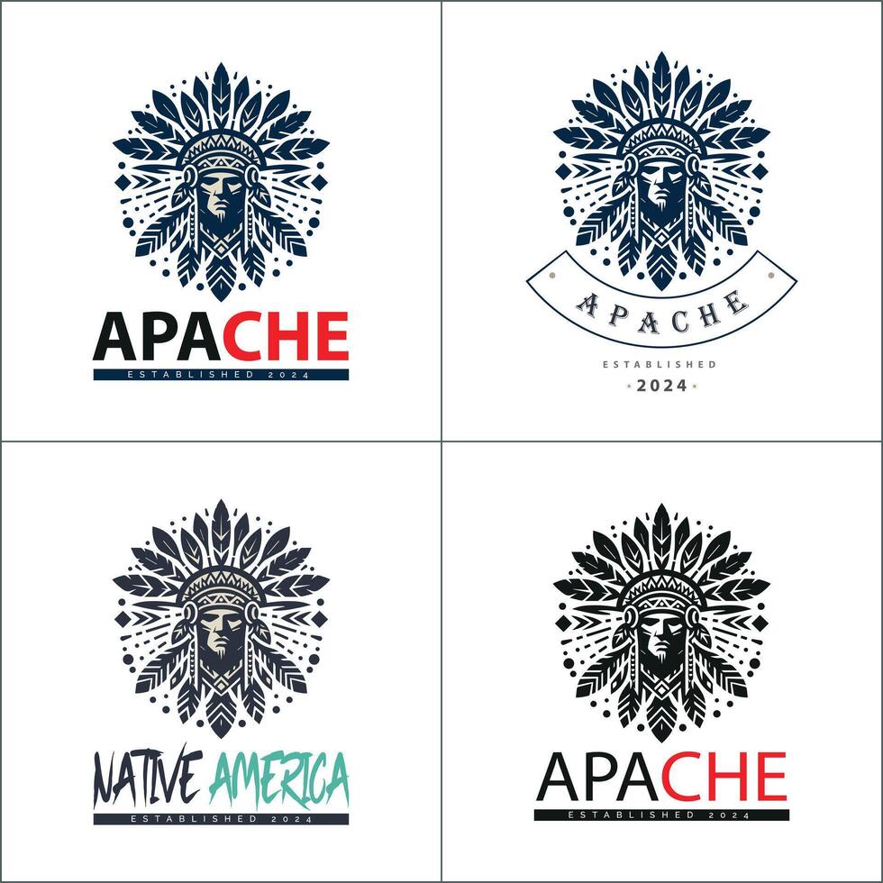 Apache native american indian aztec warrior tribes face head logo set silhouette template design vector