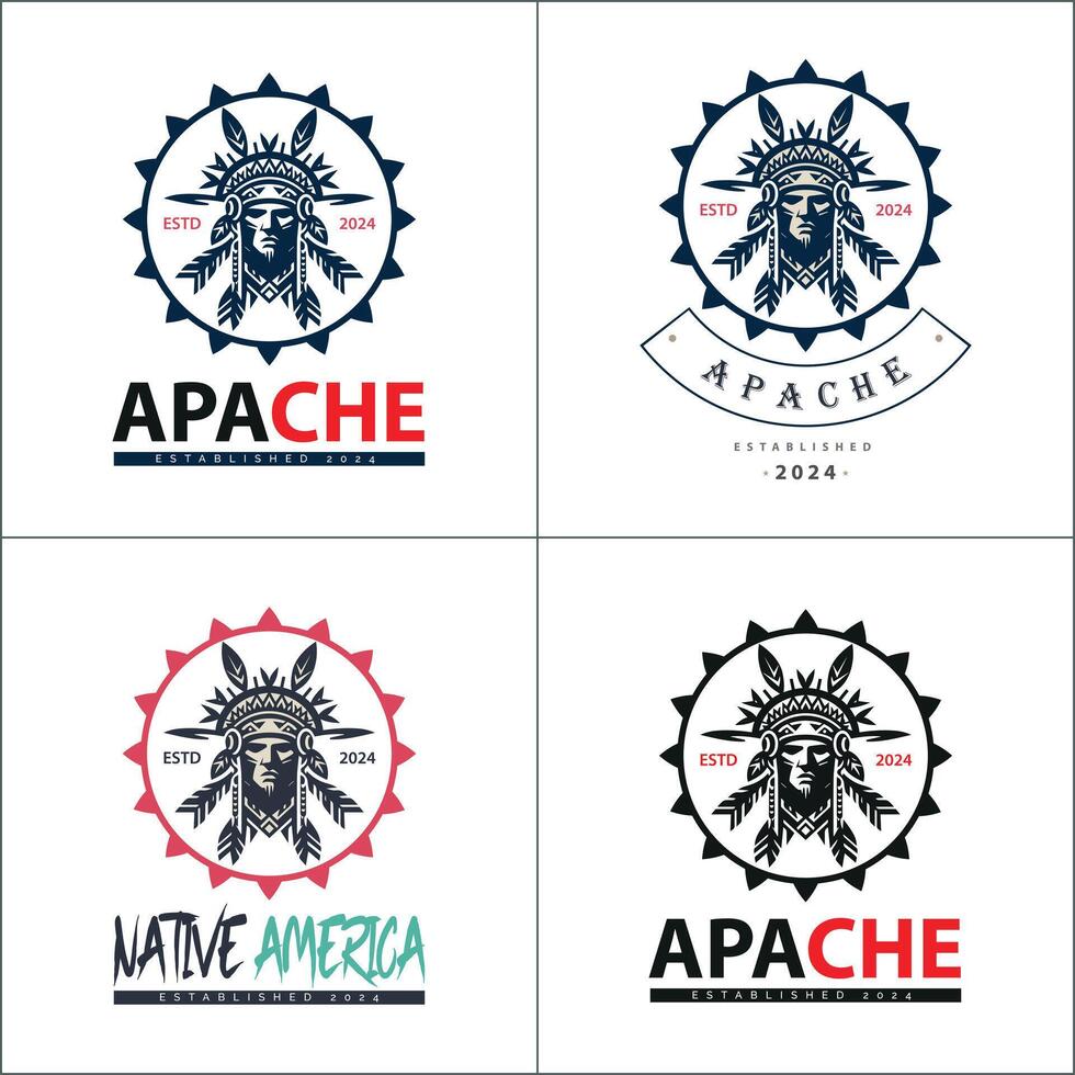 Native american apache aztec warrior tribes face head logo set silhouette template design vector