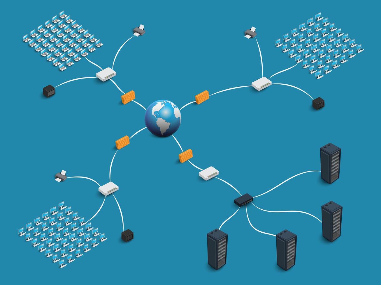 LAN or Local area network 3D diagram. Internet technology concept on blue background. WAN or wiled area network of computer networking. vector