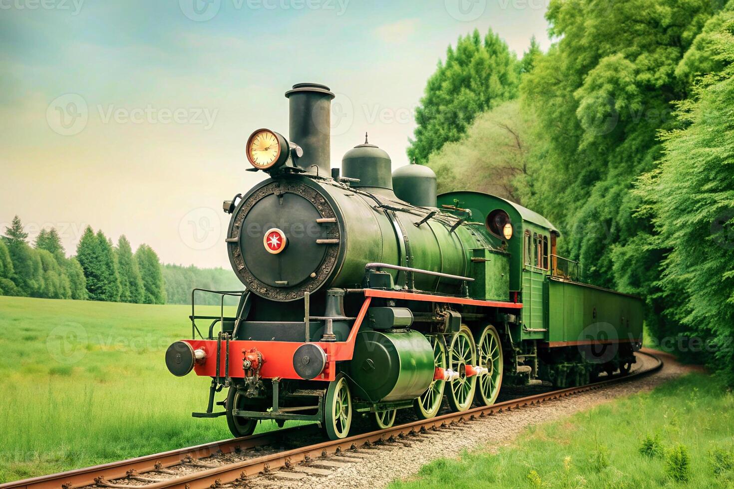 Railway travel.A steam locomotive in green field,forest photo