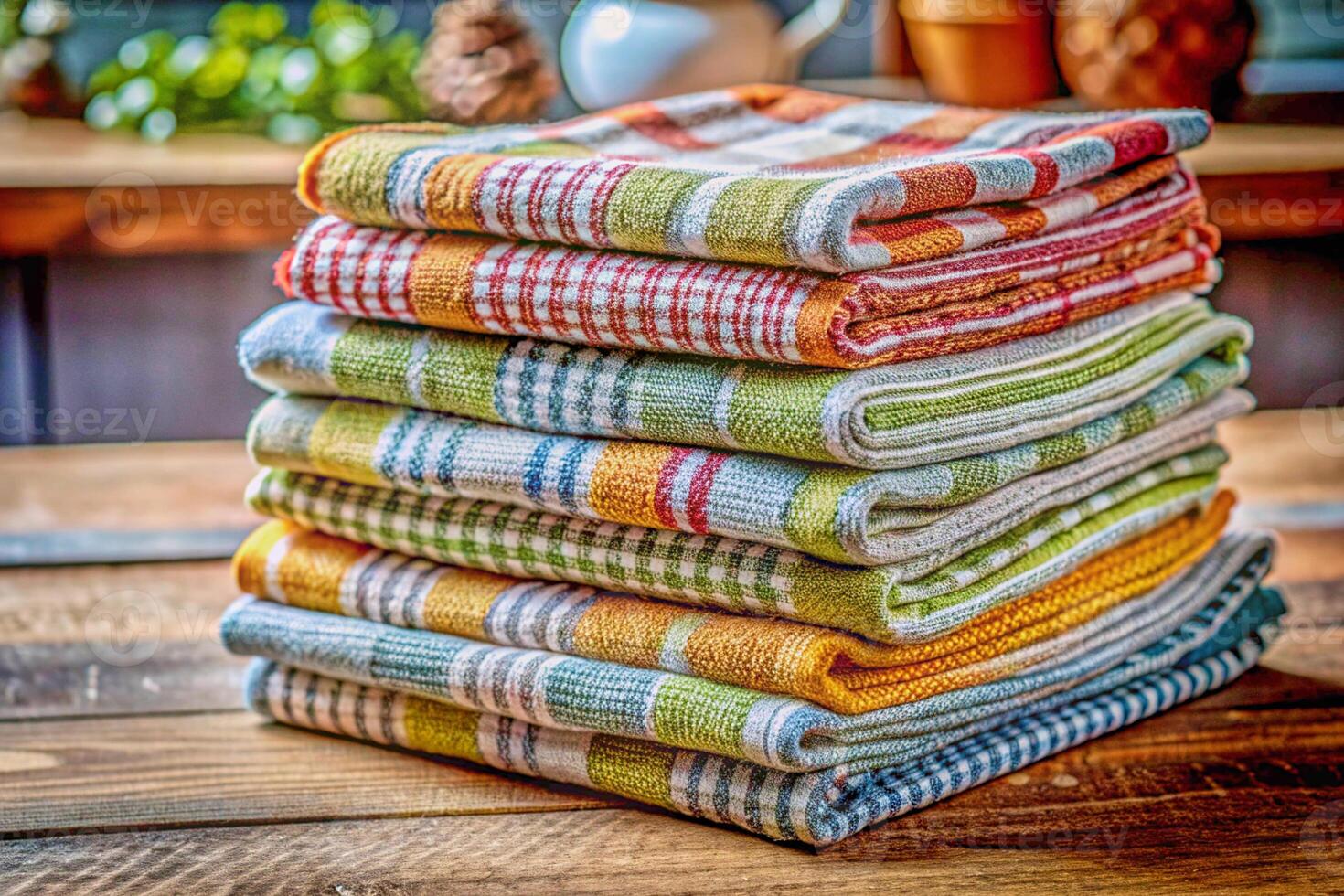 Baths neatly folded stacks of colored towels,fabrics,tablecloths,curtains photo