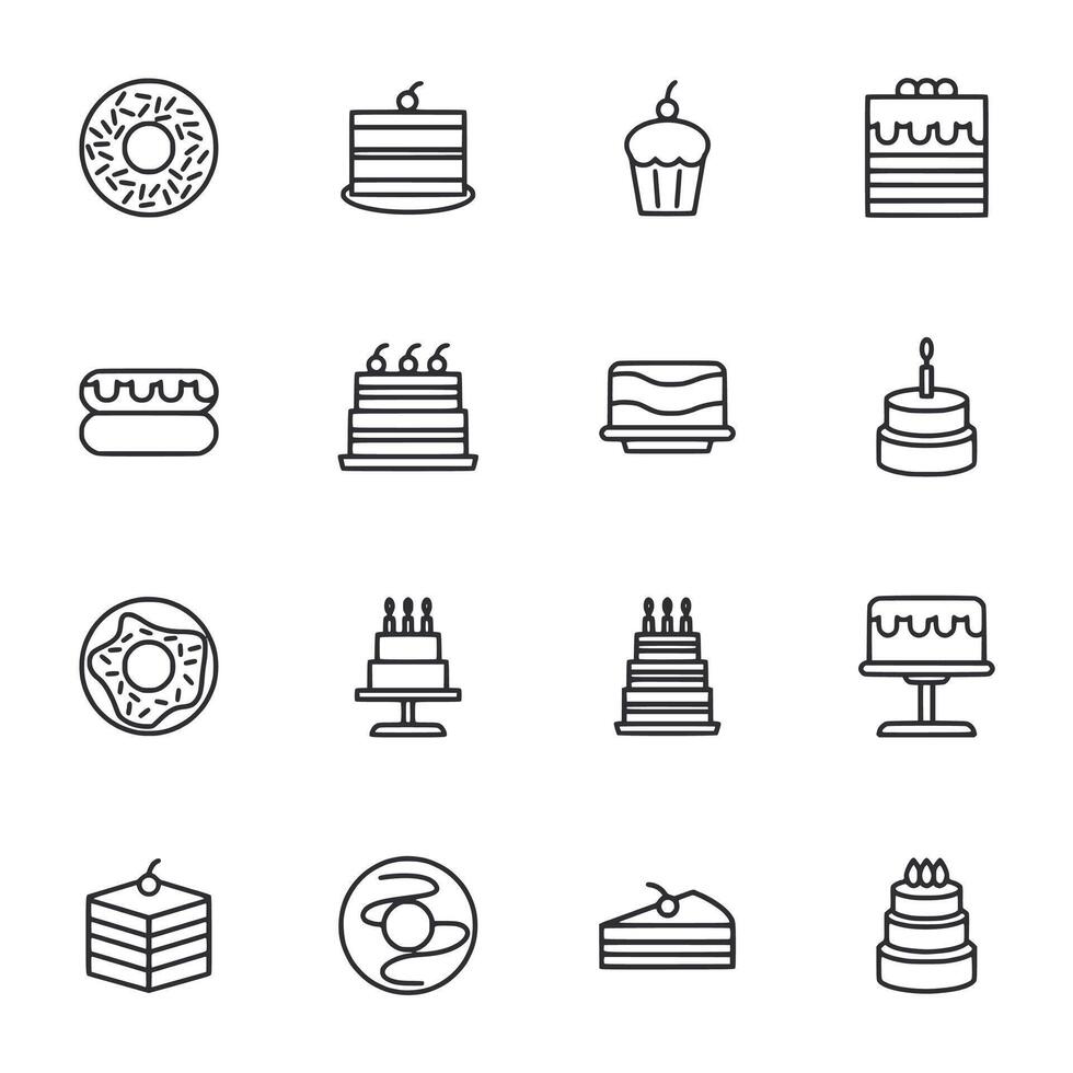 A set of food icons including donuts, cakes, and cupcakes vector