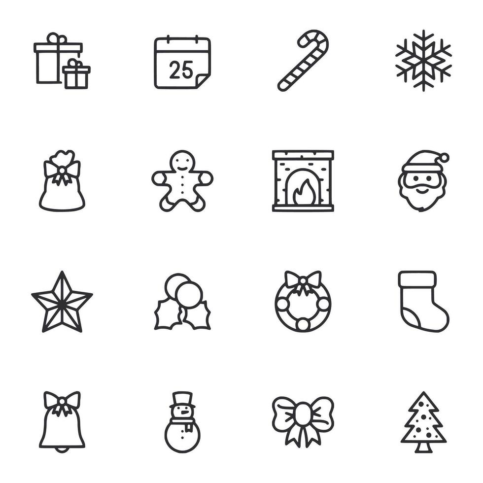A set of Christmas icons including a star, bell, snowflake, gingerbread man vector