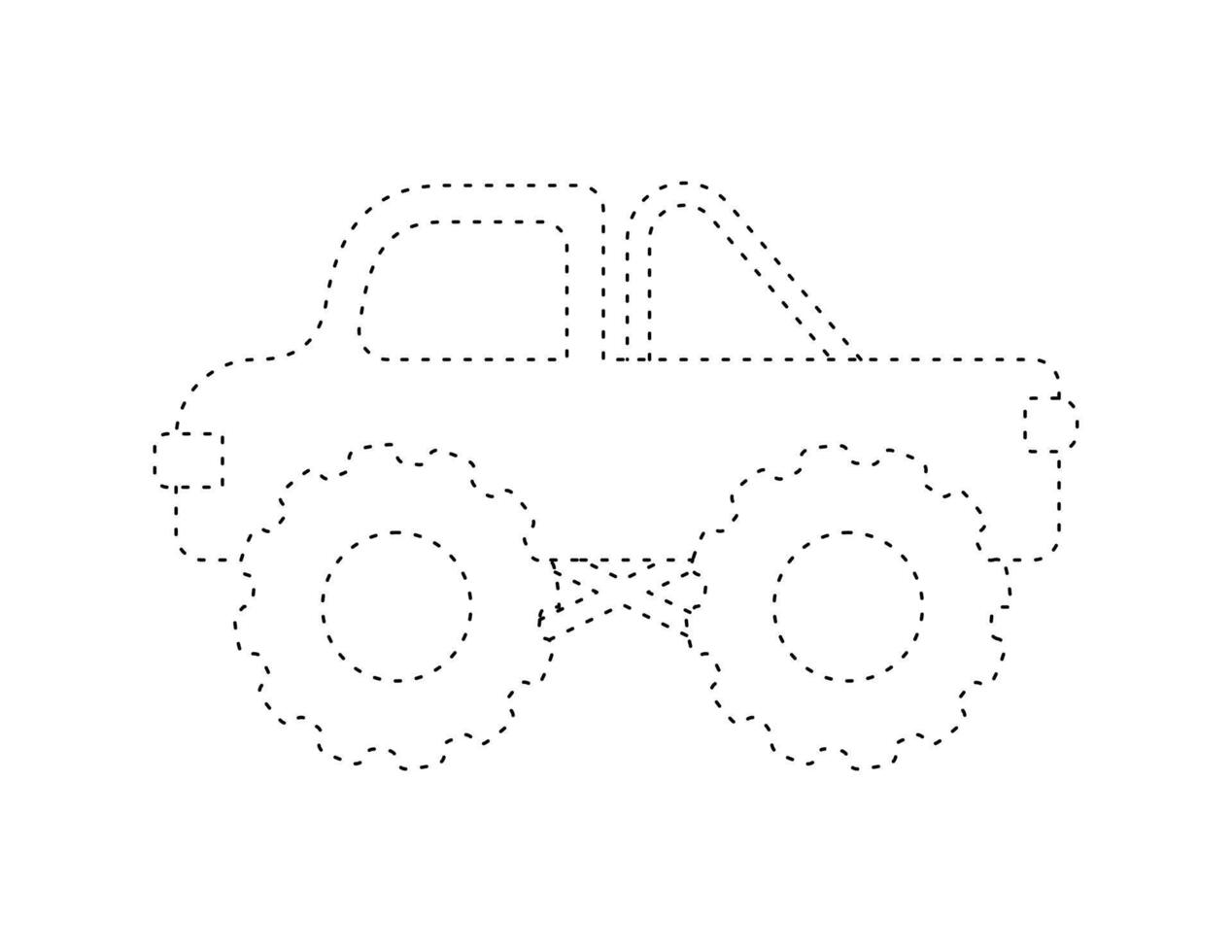 dashed monster truck outline for coloring book template, truck illustration for kid worksheet printable vector