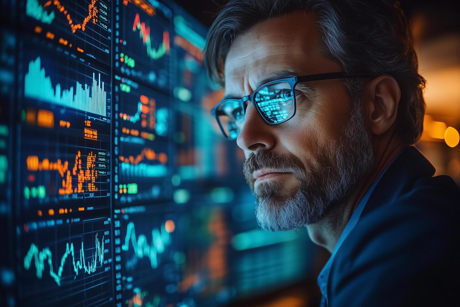 Financial analyst examining stock market data charts and graphs for investment analysis strategy photo