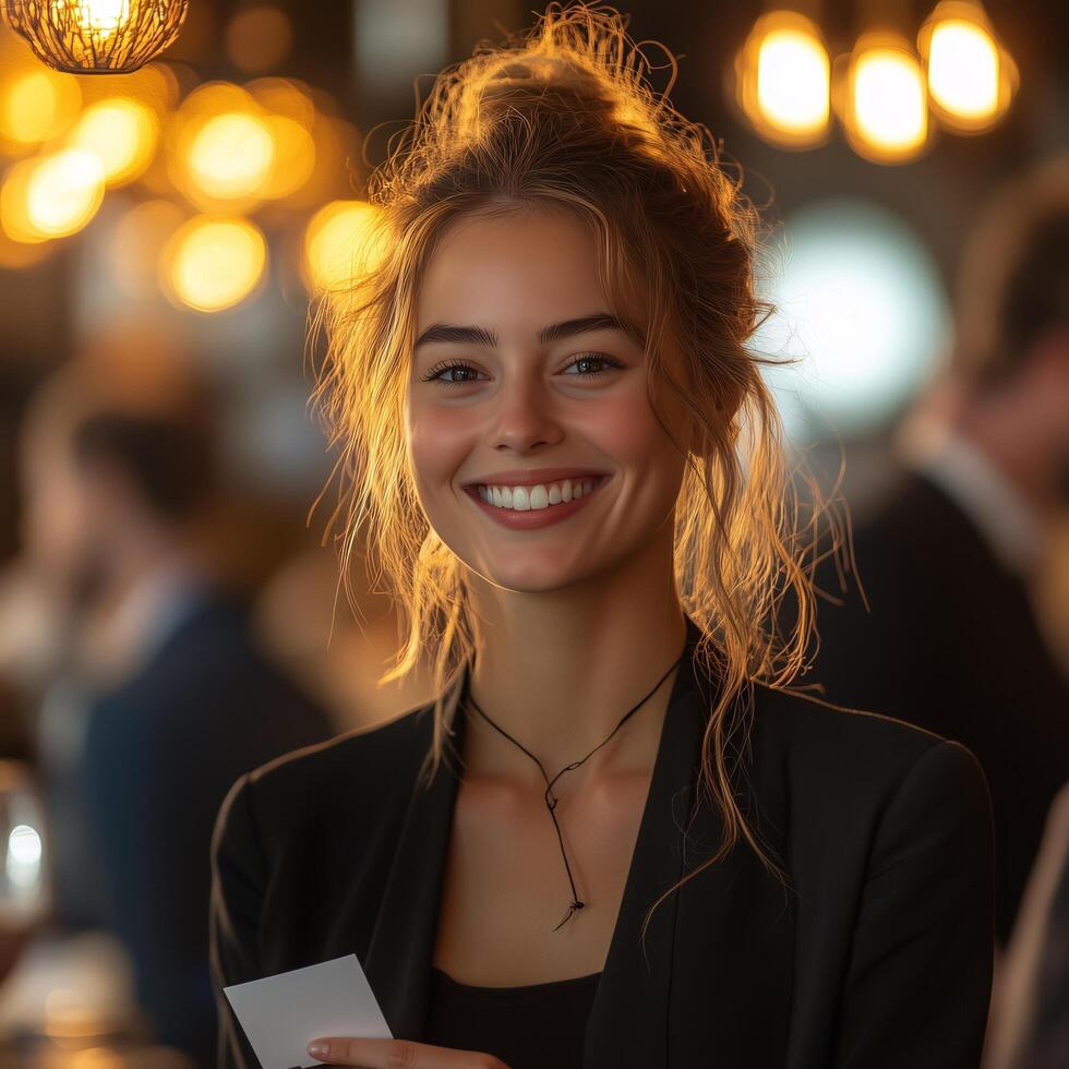 Portrait of a smiling woman in a restaurant with bokeh lights and business attire holding a card stock photo
