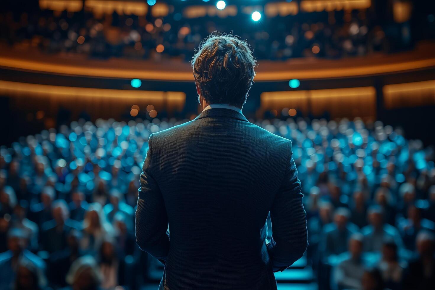 Speaker on stage presenting to audience at conference or seminar event for business leadership photo