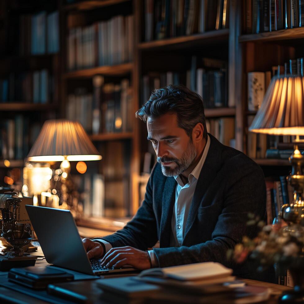 Man working on laptop in library at night home office business owner entrepreneur author novelist photo