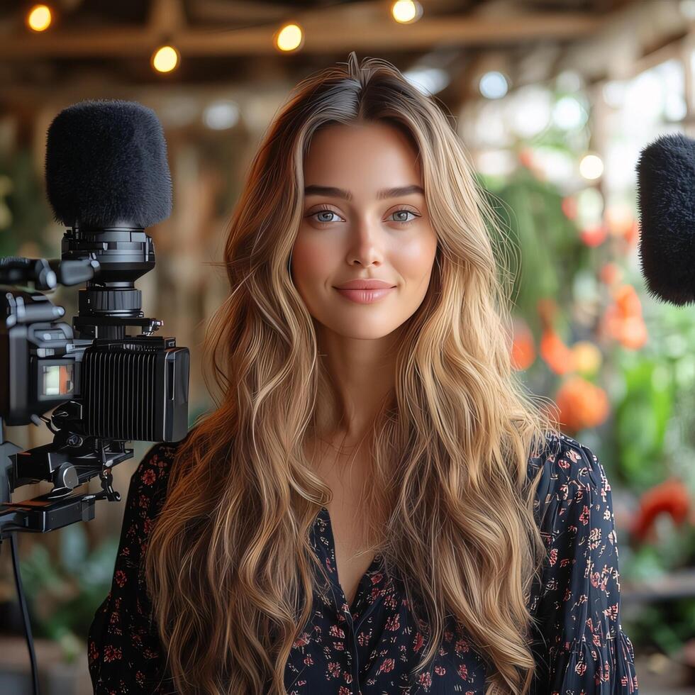 Content creator portrait with camera and lights for social media influencer and online marketing tools photo