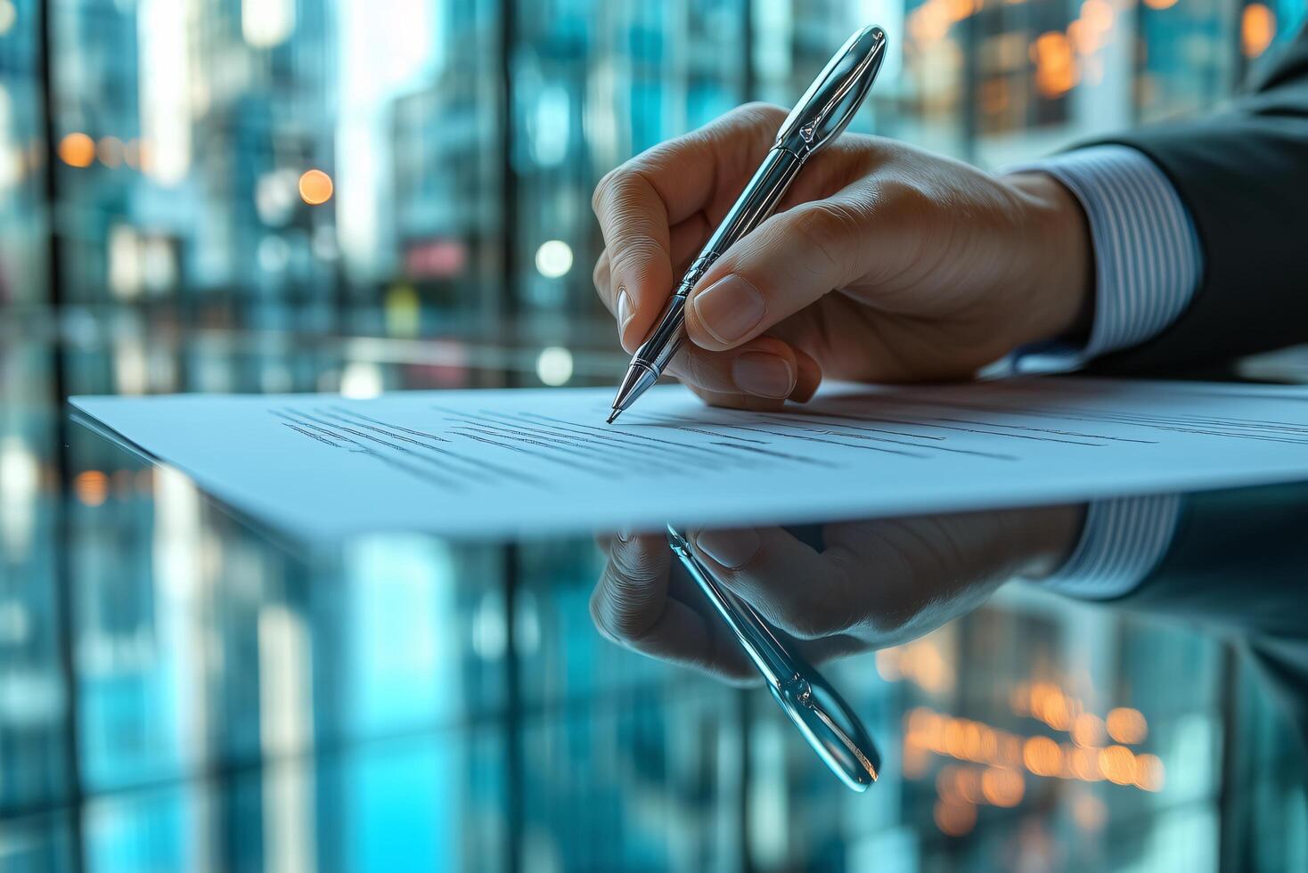 Signing document agreement contract paperwork with pen on desk in office business concept deal done photo