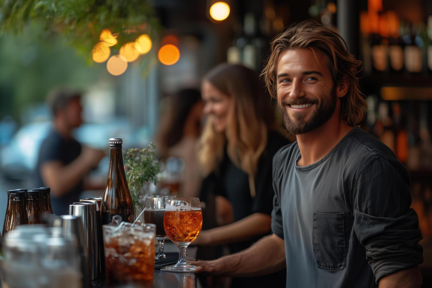 Handsome man smiling at a bar with drinks and friends enjoying the evening happy hour scene vibe photo