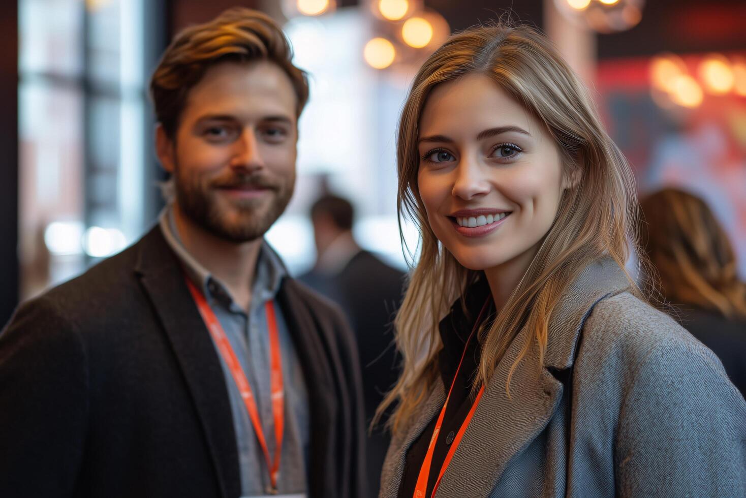 Portrait of smiling woman and man at business conference networking event with name tags and blurred background photo