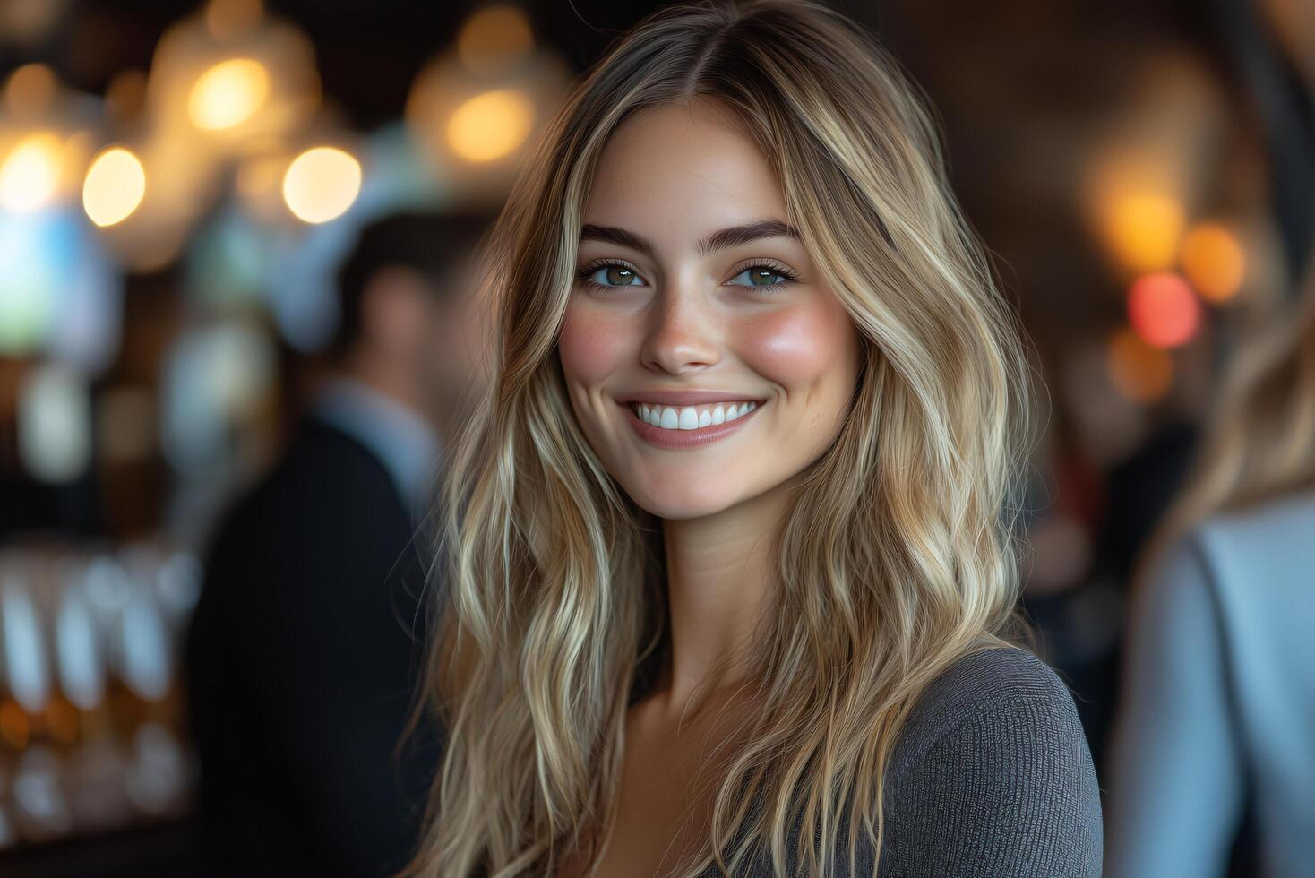 Portrait of a smiling woman with blonde hair and green eyes in a restaurant setting looking at camera photo