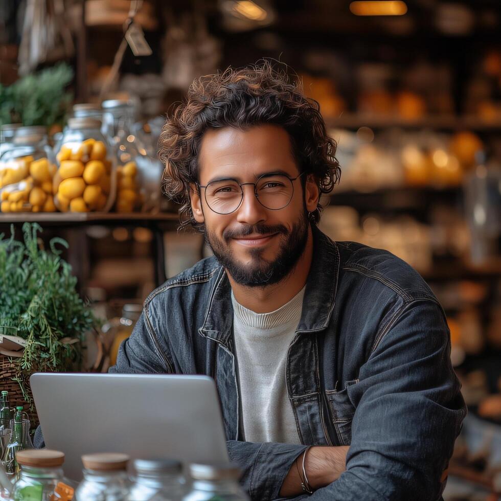 Man working remotely on laptop in cafe with curly hair and glasses looking at the camera smiling photo