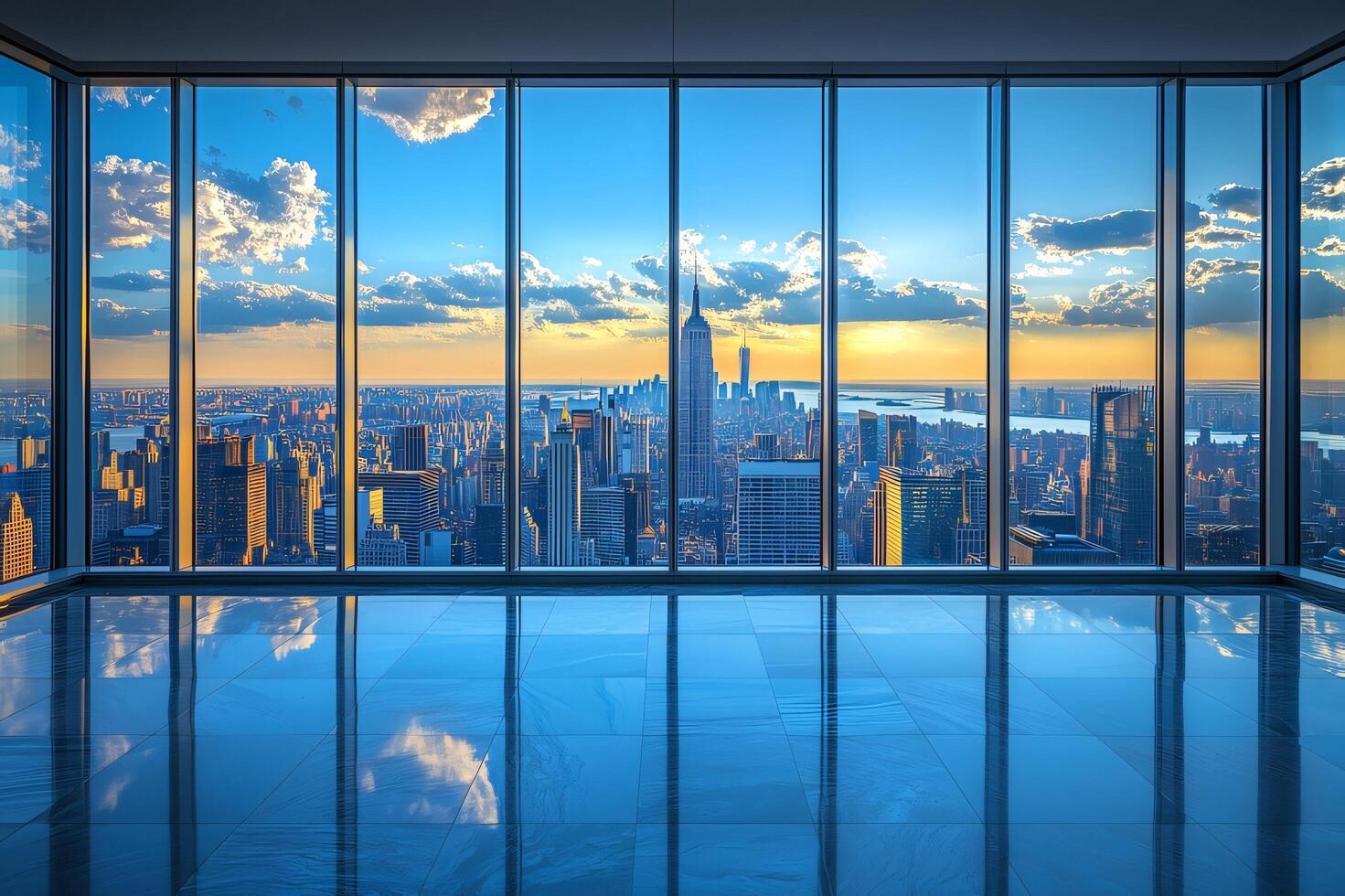 New york city skyline view from modern office window at sunset cityscape architecture building photo
