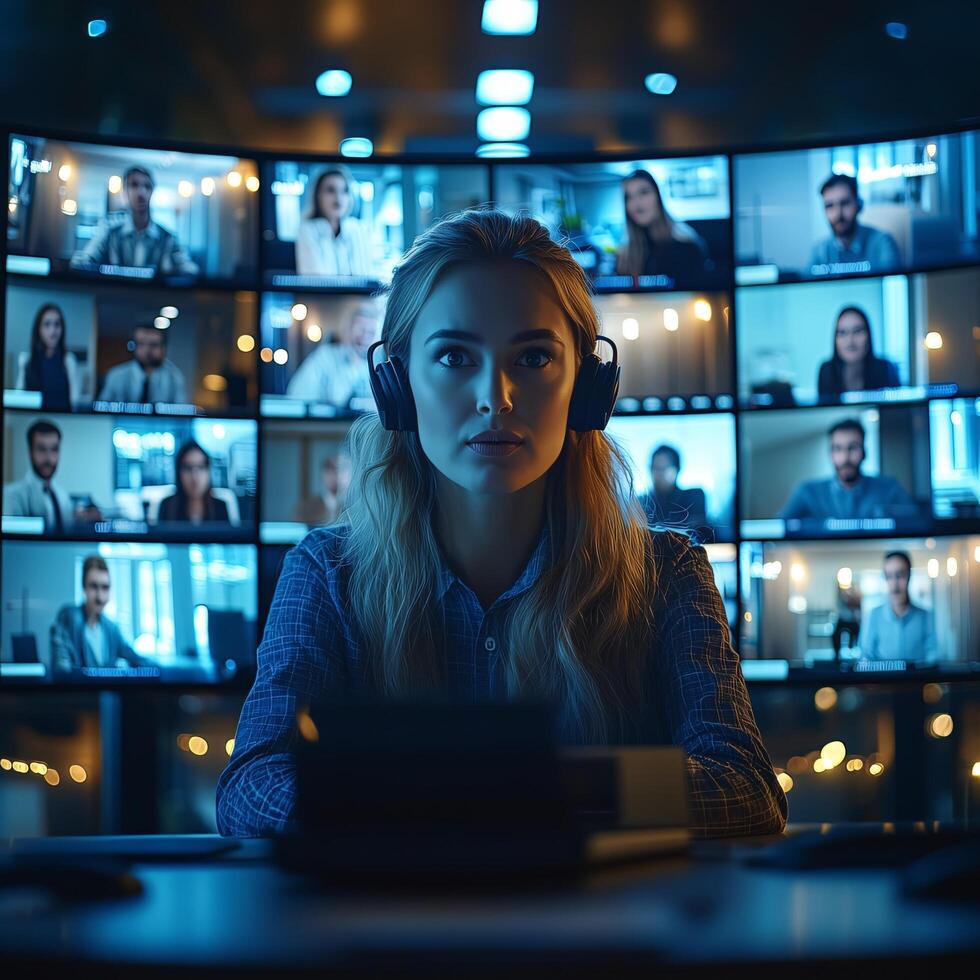 Remote work collaboration concept woman on conference call with team virtual meeting online discussion photo