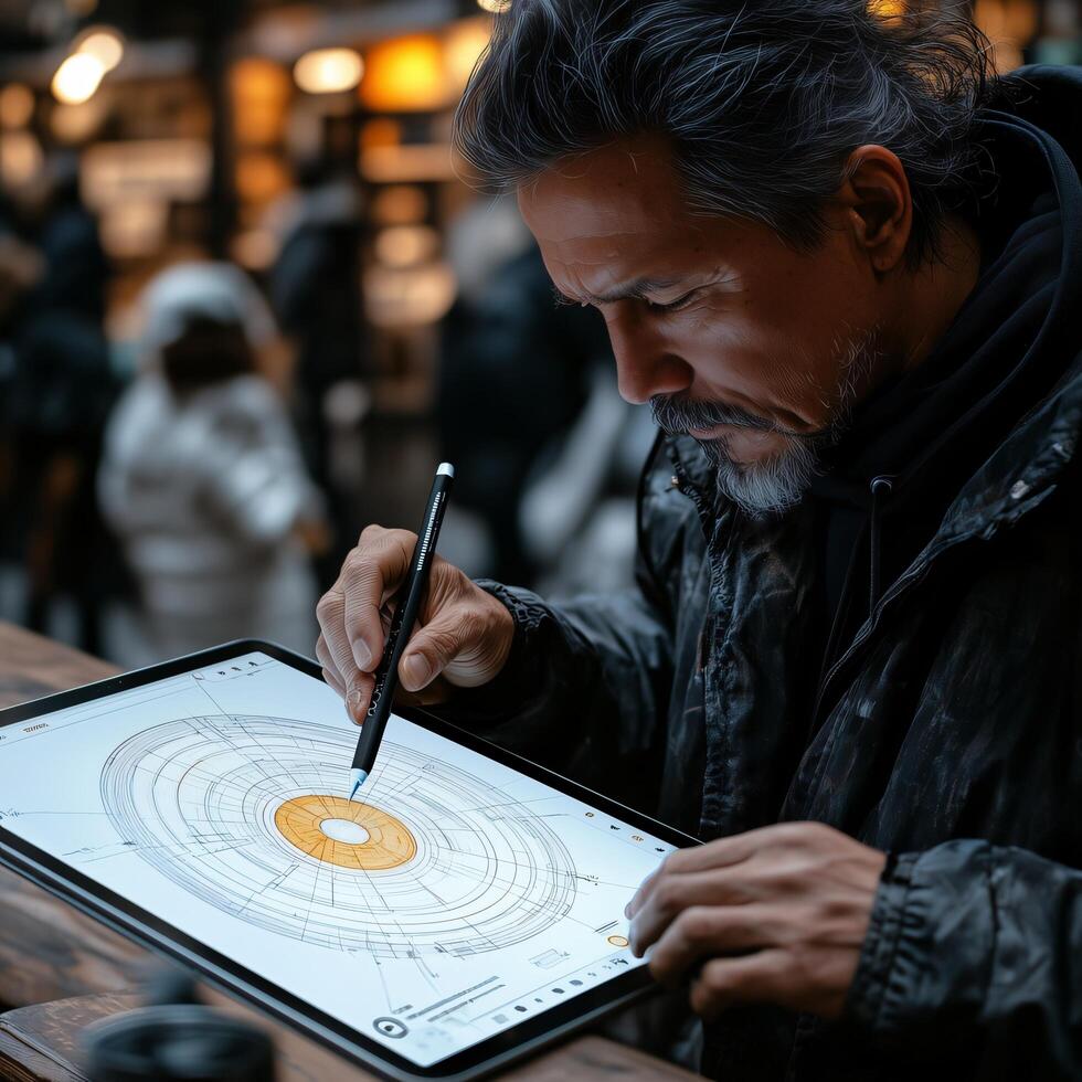Man drawing digital art on device with stylus for graphic design and illustration project outside urban scene photo