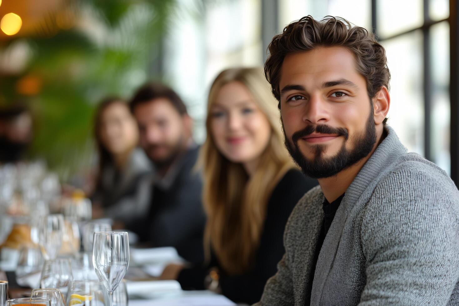Handsome man smiling at restaurant with friends enjoying meal and drinks at a social gathering event photo