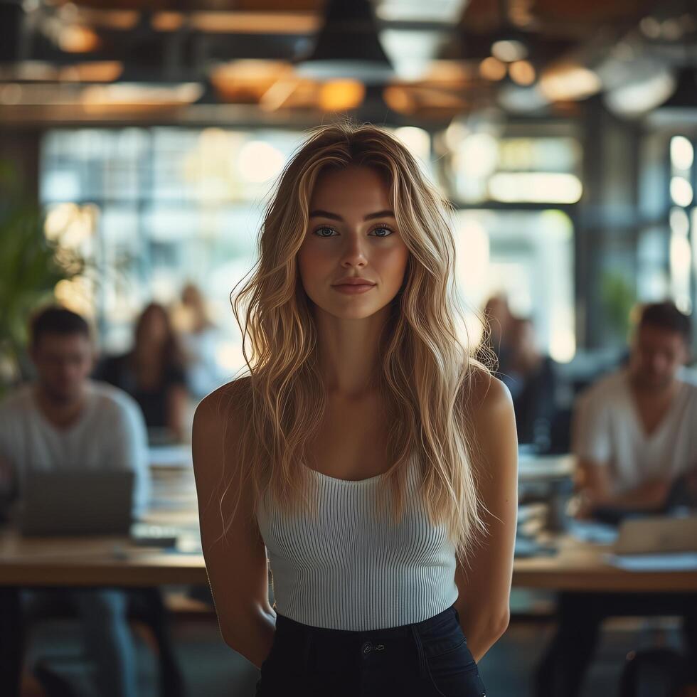 Portrait of a blonde woman in an office setting with coworkers and natural light and a serious expression photo