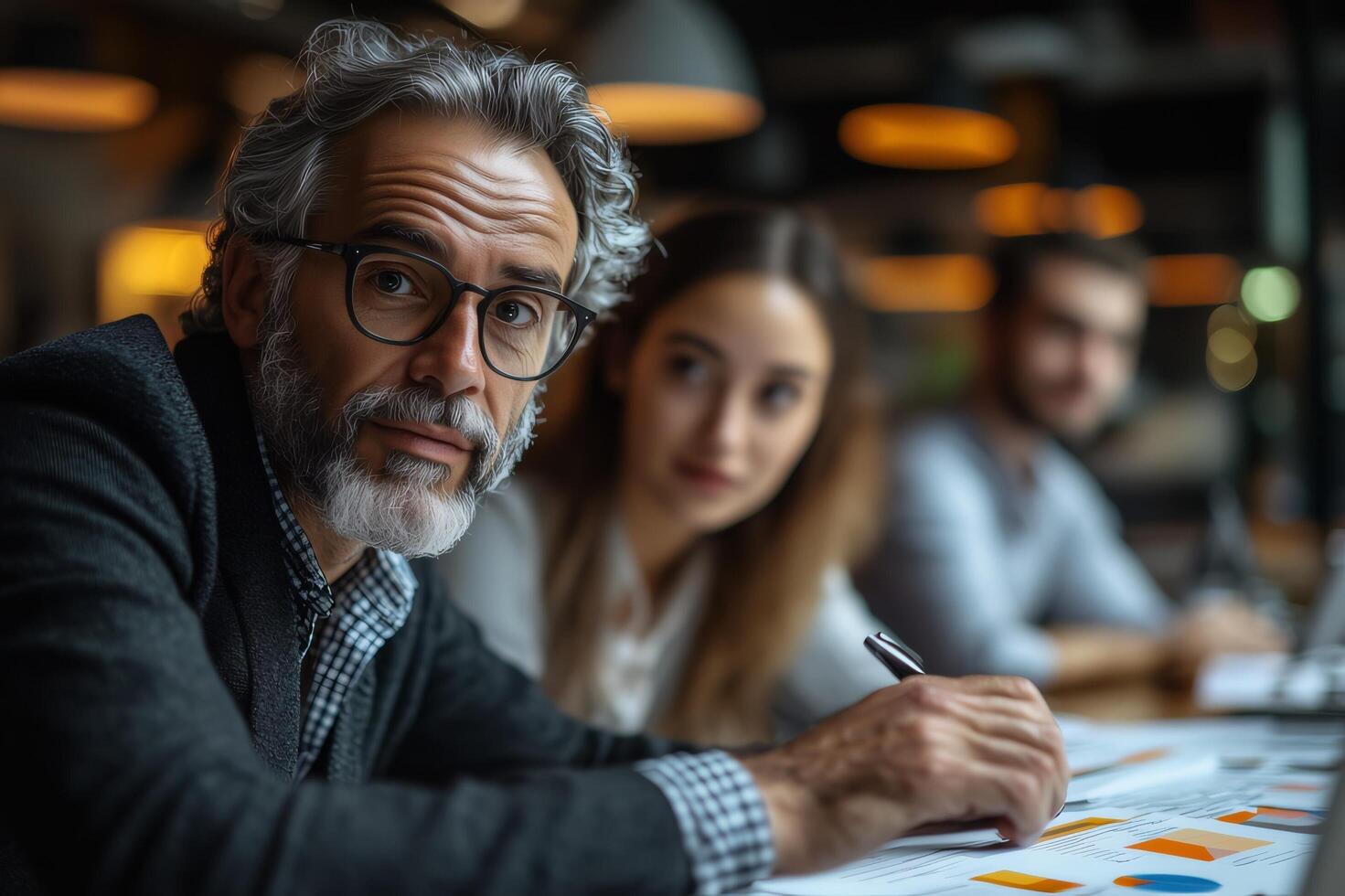 Mature businessman in meeting analyzing charts and graphs with team at office workplace setting photo