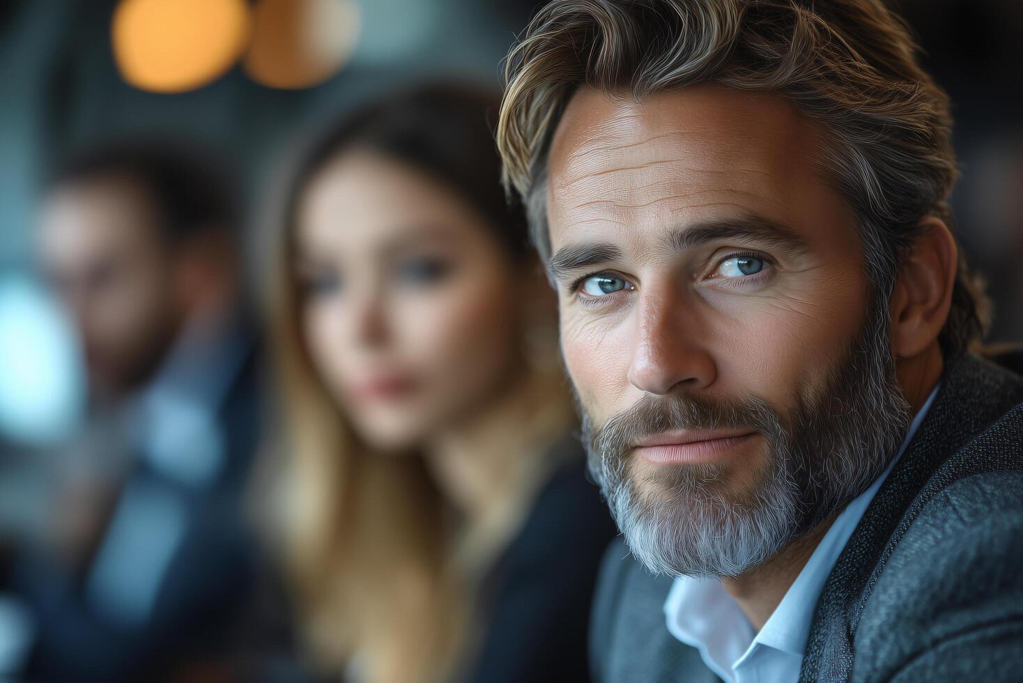 Portrait of mature man with beard and gray hair looking at the camera with woman in background photo