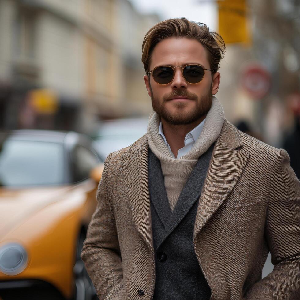 Stylish man in coat and sunglasses standing on city street fashion portrait for magazine advertisement photo