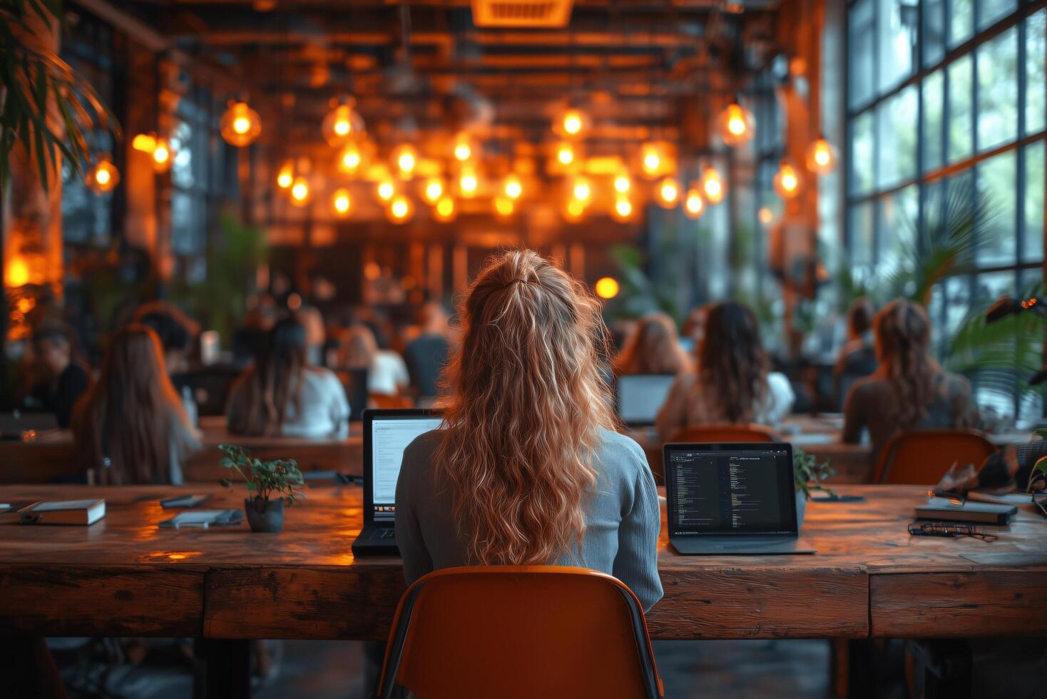 Coworking space with woman working on laptop computer in stylish office environment for remote work photo
