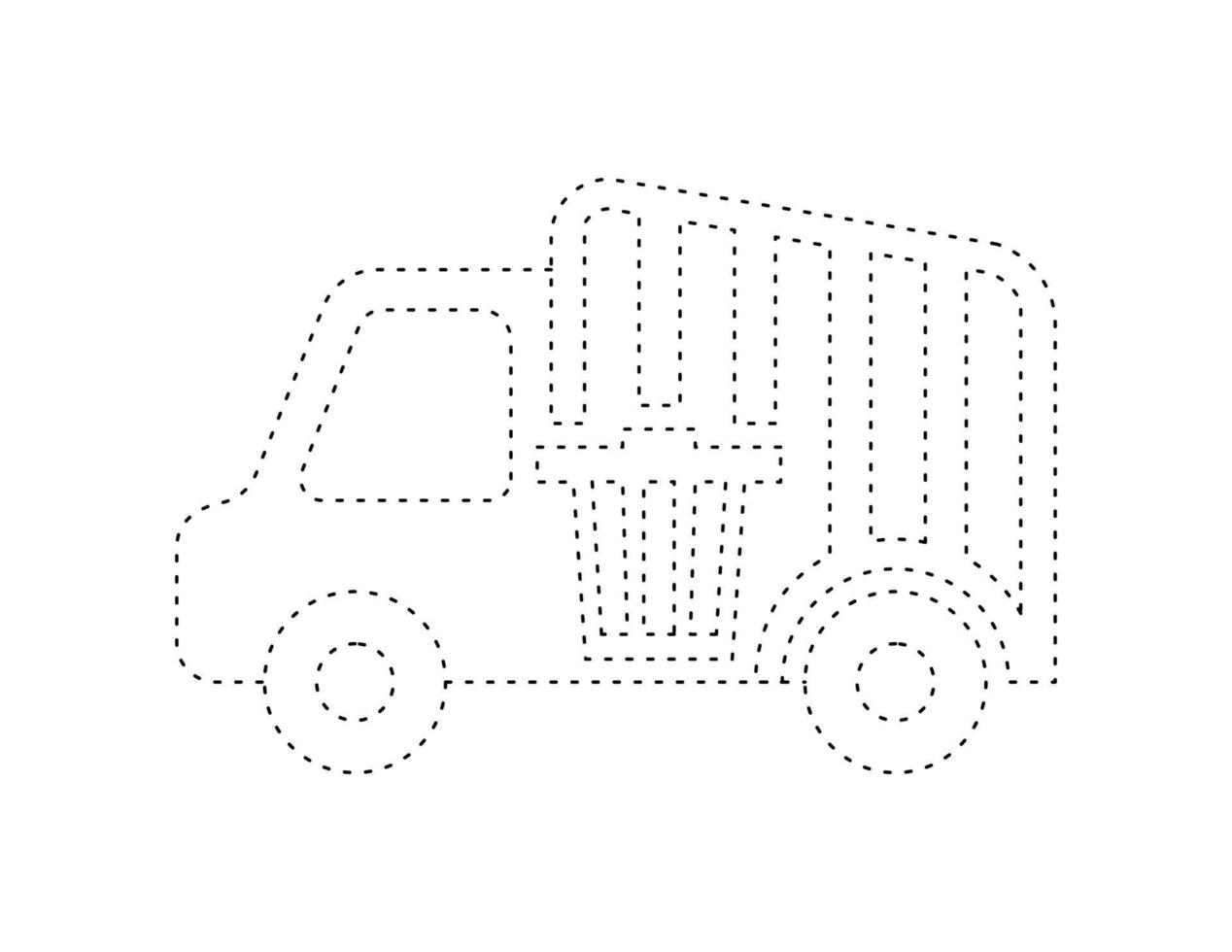 dashed garbage truck outline for coloring book template, waste truck illustration for kid worksheet printable vector