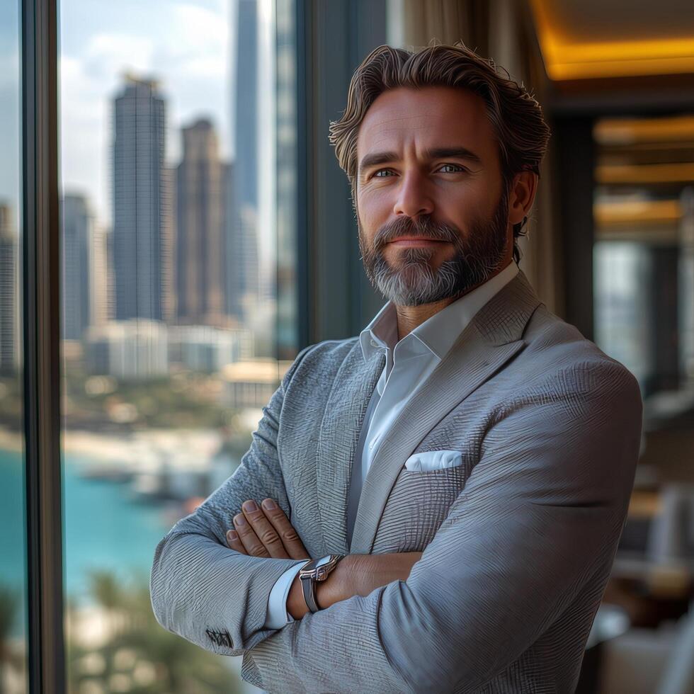Portrait of a confident businessman in suit with arms crossed in dubai office looking at camera photo