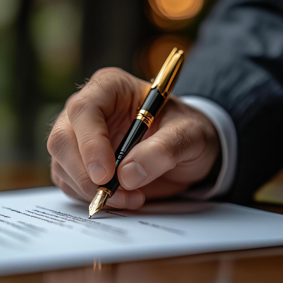 Signing documents with fountain pen closeup for business contracts and legal agreements concept use for articles photo